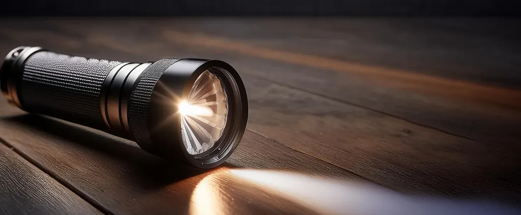 Close-up of a flashlight shining on the floor.