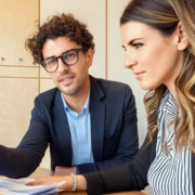 Franchise coordinator working with franchise recruiter on a computer.